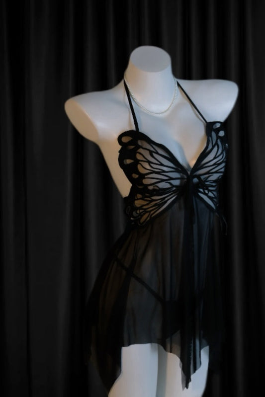 “Midnight Flutter” Butterfly Embroidery Sheer Lingerie Dress Set 蝴蝶刺绣透视睡裙