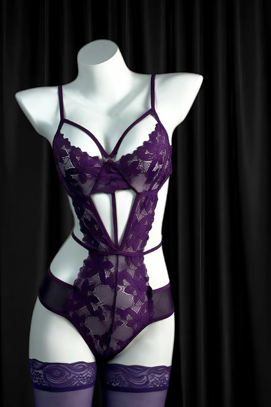 “Violet Desire” Sheer Lace Cutout One-Piece Lingerie 紫色蕾丝镂空绑带情趣连体内衣