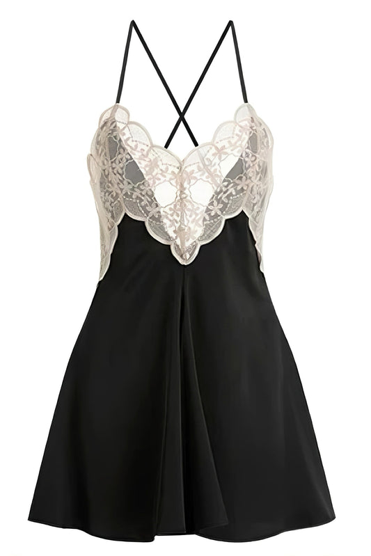 Lace Backless Black Sleepwear 冰丝亲肤蕾丝吊带睡裙