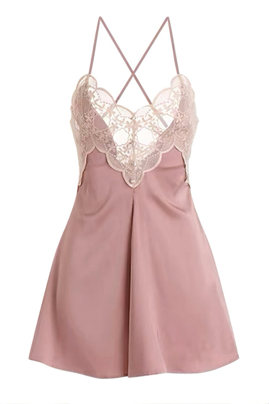 Champagne Lace Nightdress – Backless Lingerie  冰丝亲肤蕾丝吊带睡裙